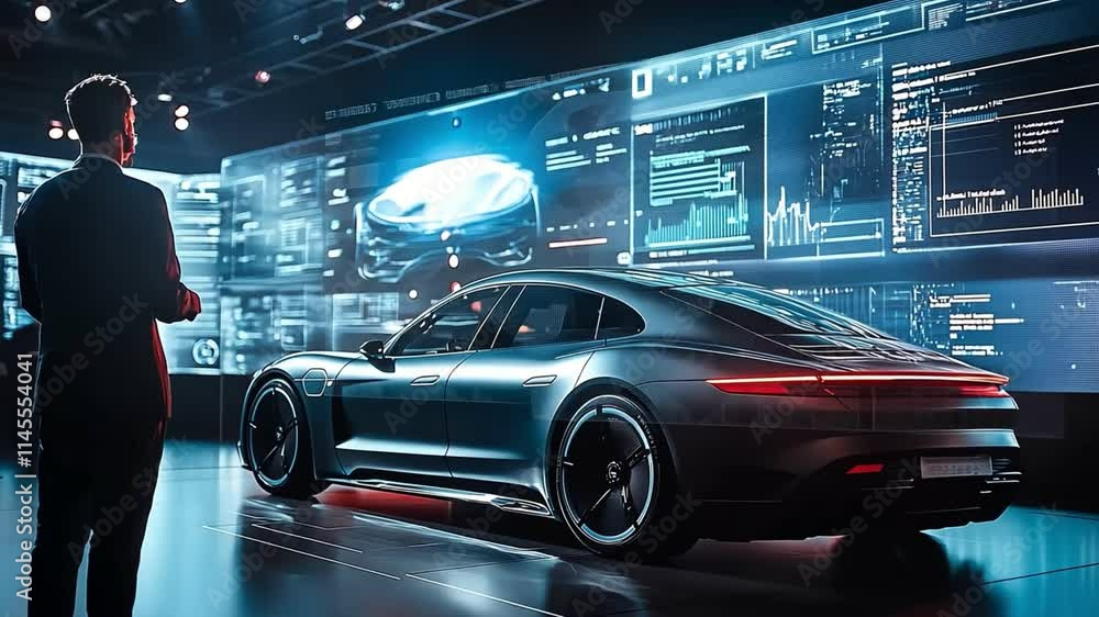 Aufkleber futuristic car showcase with digital display and analytics environment.
