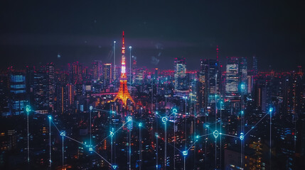 Obraz premium Smart digital city with connection cyber security network reciprocity over the cityscape . future smart wireless digital city and social media networking systems that connects people within the city