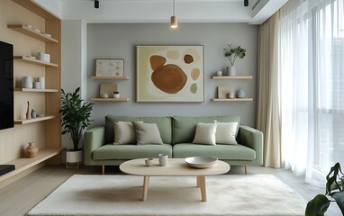 Modern minimalist living room interior design with light green sofa, wooden furniture, and neutral color palette.