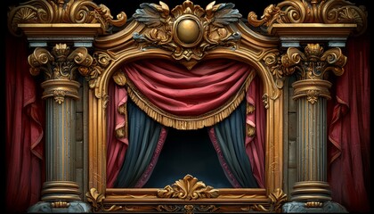 Ornate Golden Frame With Red And Dark Curtains