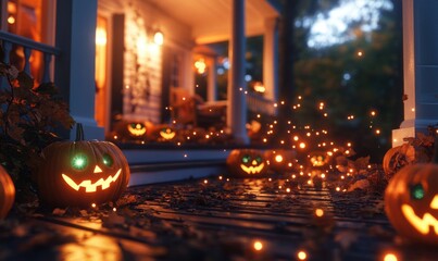 Halloween Porch with Glowing Jack-o'-lanterns