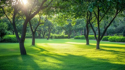 Serene Morning Glow: Blurred Garden Trees in Refreshing Greens for Nature Backgrounds
