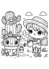 coloring page education boy watering cactus garden 