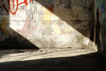 Graffiti wraps around aged concrete as a cropped shadow enhances the texture