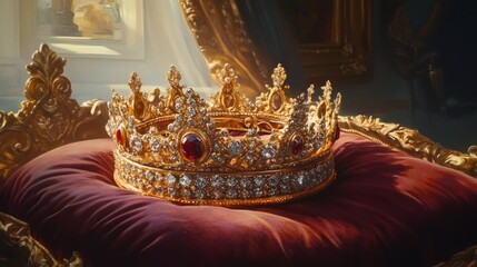 Elegant Golden Crown with Shimmering Gems on Plush Cushion