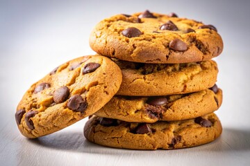 Delicious Chocolate Chip Cookies, Stacked, Low Light Photography, Sweet Treat, Bakery, Food Photography