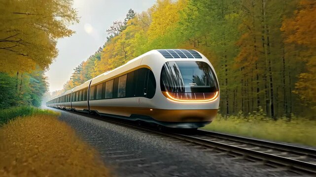 The futuristic eco friendly electric train is equipped with advanced regenerative braking technology, solar panels on the roof for sustainable energy generation