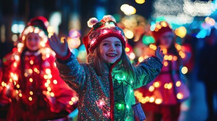 A vibrant Christmas parade featuring children in festive costumes and glowing floats