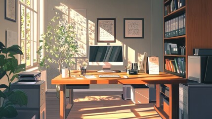 Sunlit Workspace: A Serene Home Office bathed in Golden Sunlight