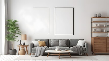 Modern Cozy Living Room Mockup with Stylish Furniture and Empty Canvas Frame on White Wall Texture, 3D Rendering
