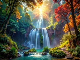 Obraz premium Enchanted waterfall cascades through lush forest, a mystical double exposure.