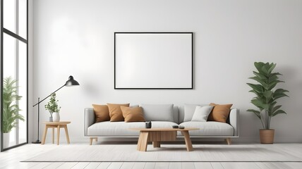 Modern Cozy Living Room Mockup with Stylish Furniture and Empty Canvas Frame on White Wall Texture, 3D Rendering
