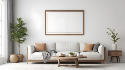 Modern Cozy Living Room Mockup with Stylish Furniture and Empty Canvas Frame on White Wall Texture, 3D Rendering