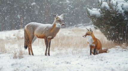 Obraz premium Winter Wonderland Encounter: Deer and Fox in Snowy Forest