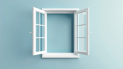 Vector illustration of a 3D window with a white frame, clear glass, and an open sash on hinges.