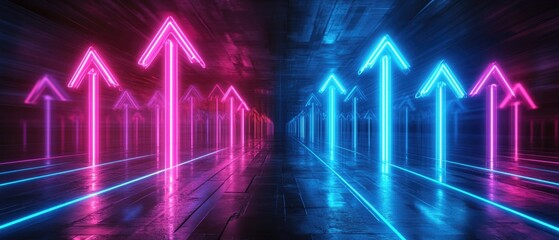 Fototapeta premium The neon arrows point upwards at an angle. The blue and pink arrows on a dark background