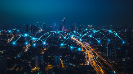 Fototapeta premium Smart digital city with connection cyber security network reciprocity over the cityscape . future smart wireless digital city and social media networking systems that connects people within the city