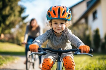 Child riding bicycle with bright helmet park setting safety awareness campaign outdoor activity close-up view promoting safe riding practices