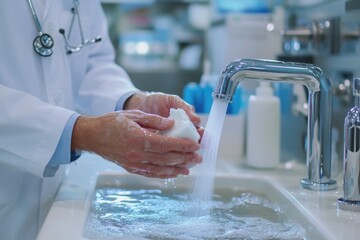 Doctor demonstrating proper handwashing techniques for safety in a medical setting healthcare facility instructional video clinical environment close-up view hygiene practices