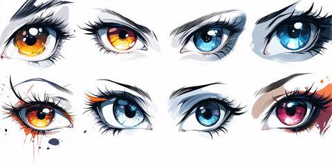 A vibrant collection of unique anime eyes, showcasing diverse colors, styles, and expressions.
