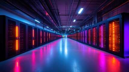 Fototapeta premium Data center with illuminated server racks.