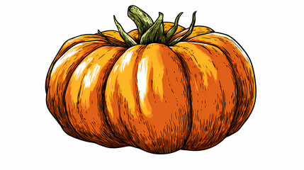 Single heirloom tomato with unique ridges and color variations, standing out sharply against a clean, white background. Heirloom. Illustration