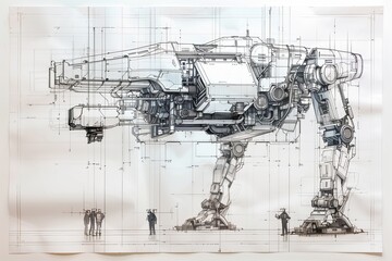 Obraz premium Detailed blueprint illustration of a futuristic robotic machine with human figures for scale.