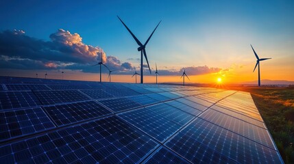 Solar panels and wind turbines at sunset.