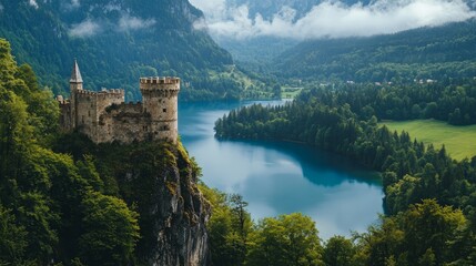 Naklejka premium Historic Fortress Overlooking Serene Lake and Lush Forest Landscape
