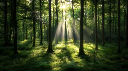 Obraz premium A dense green forest with sunlight shining through the gaps in the tree canopy, illuminating the lush plants and soft undergrowth below 