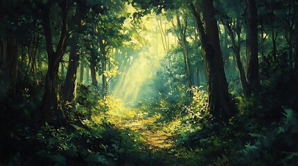 Naklejka premium A serene forest scene with sunlight streaming through the canopy of tall, green trees, illuminating the natural textures of the forest floor below 