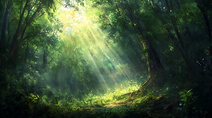 Obraz premium Sunlight gently illuminating the dense foliage of a lush forest, with rays of light breaking through the canopy and touching the forest floor 