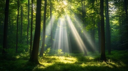 Sunlight gently illuminating the dense foliage of a lush forest, with rays of light breaking through the canopy and touching the forest floor 