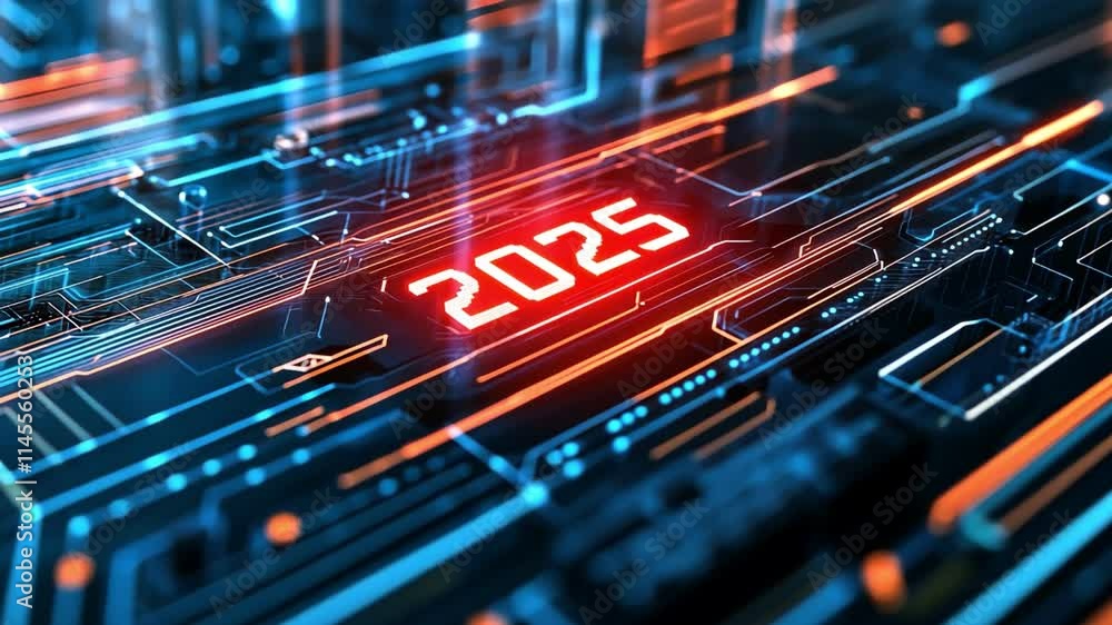 Aufkleber futuristic digital interface displaying the year 2025 with glowing circuitry.