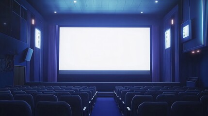 Fototapeta premium A blue movie theater with vacant chairs and a white blank screen. idea of pleasure, relaxation, and a movie theater. 