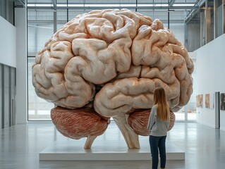 Woman observing a giant brain model in a modern art gallery.