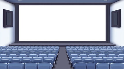 A blue movie theater with vacant chairs and a white blank screen. idea of pleasure, relaxation, and a movie theater. 