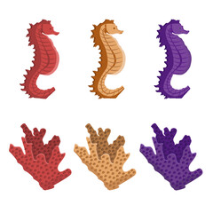 Vector set of seahorse and corals in different colors. Marine animals. Underwater world.