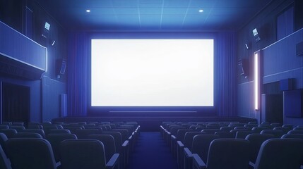 A blue movie theater with vacant chairs and a white blank screen. idea of pleasure, relaxation, and a movie theater. 