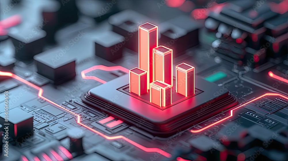 Poster capital cost idea. abstract data visualization on a futuristic circuit board with glowing elements.