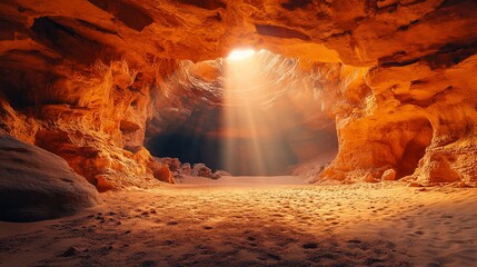 Sunbeam illuminating sandy cave interior.