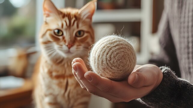 A ginger cat watches a person hold a yarn ball