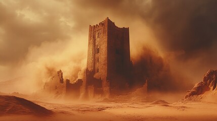 Obraz premium Sandstorm engulfing ancient stone tower ruins in a desert.