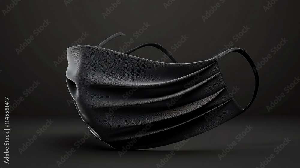 Poster black face mask with pleated design displayed against a dark background creating a modern and stylis