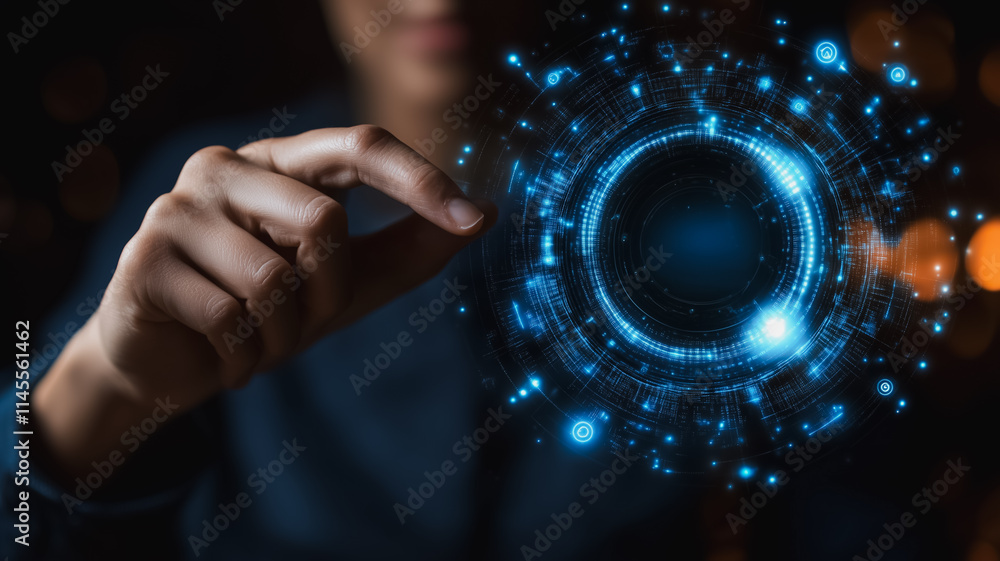 Poster a person is pointing at a blue circle with a lot of dots in it