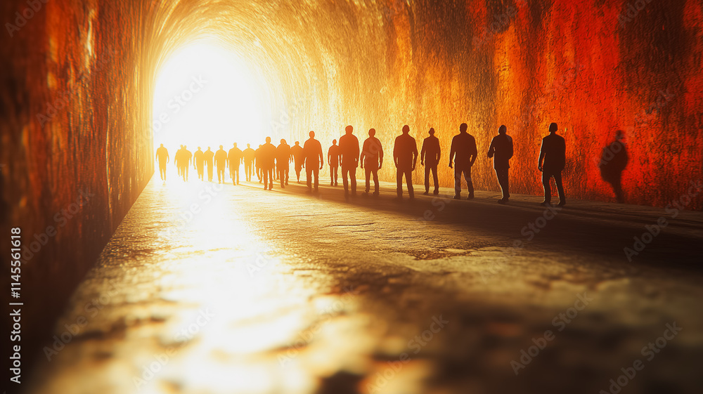Poster a group of people walking down a tunnel with a bright light shining through. scene is mysterious and