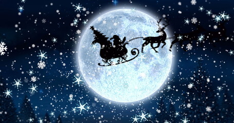 Naklejka premium Image of snowflakes and stars over santa sleigh over full moon