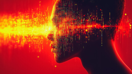 A woman's face is shown in a red background with a lot of lines and dots