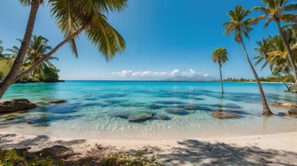 beach background, Turquoise waters, palm trees, and clear blue sky

