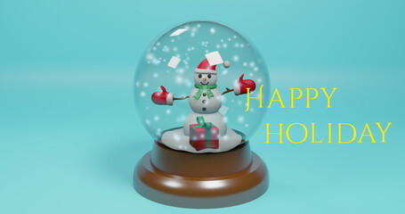 Image of christmas greetings text over christmas snow globe with snowman on blue background © vectorfusionart